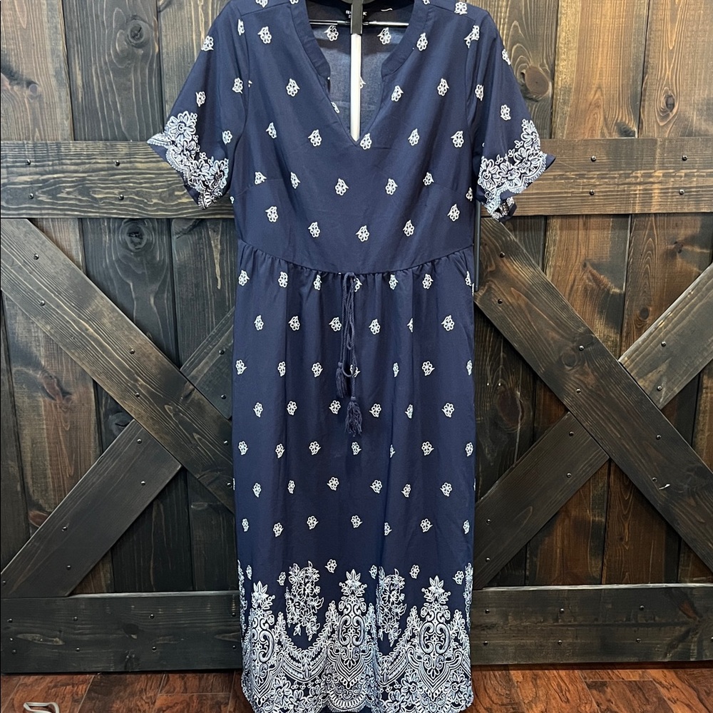 Bloomchic Floral Maxi Dress 14 16 Blue White Boho Cottagecore Prairie Tie Waist